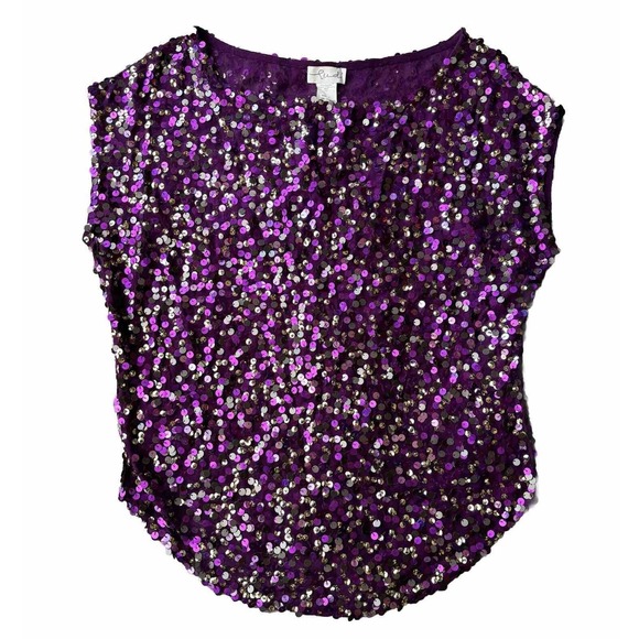 ludi Tops - Ludi Tank Top Sz S Cap Sleeve Purple Sequins Shiny Party Dance Glitzy Colorful